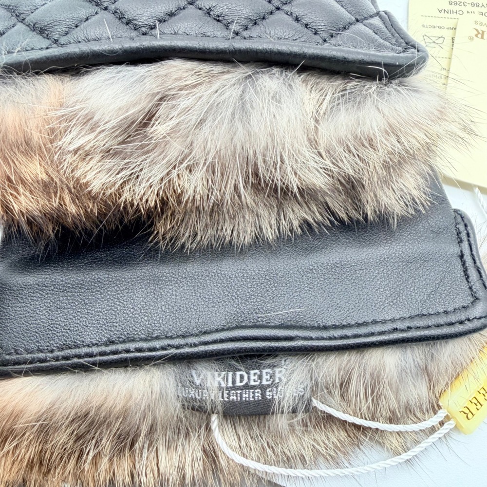 VIKIDEER Quilted Leather Gloves Women M Black Rabbit Fur Trim Cashmere Lined NEW - Picture 6 of 10